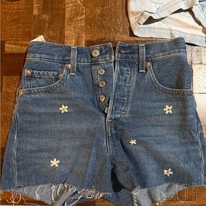 Levi's Blue Denim Embroidered Daisy Button-Fly Shorts